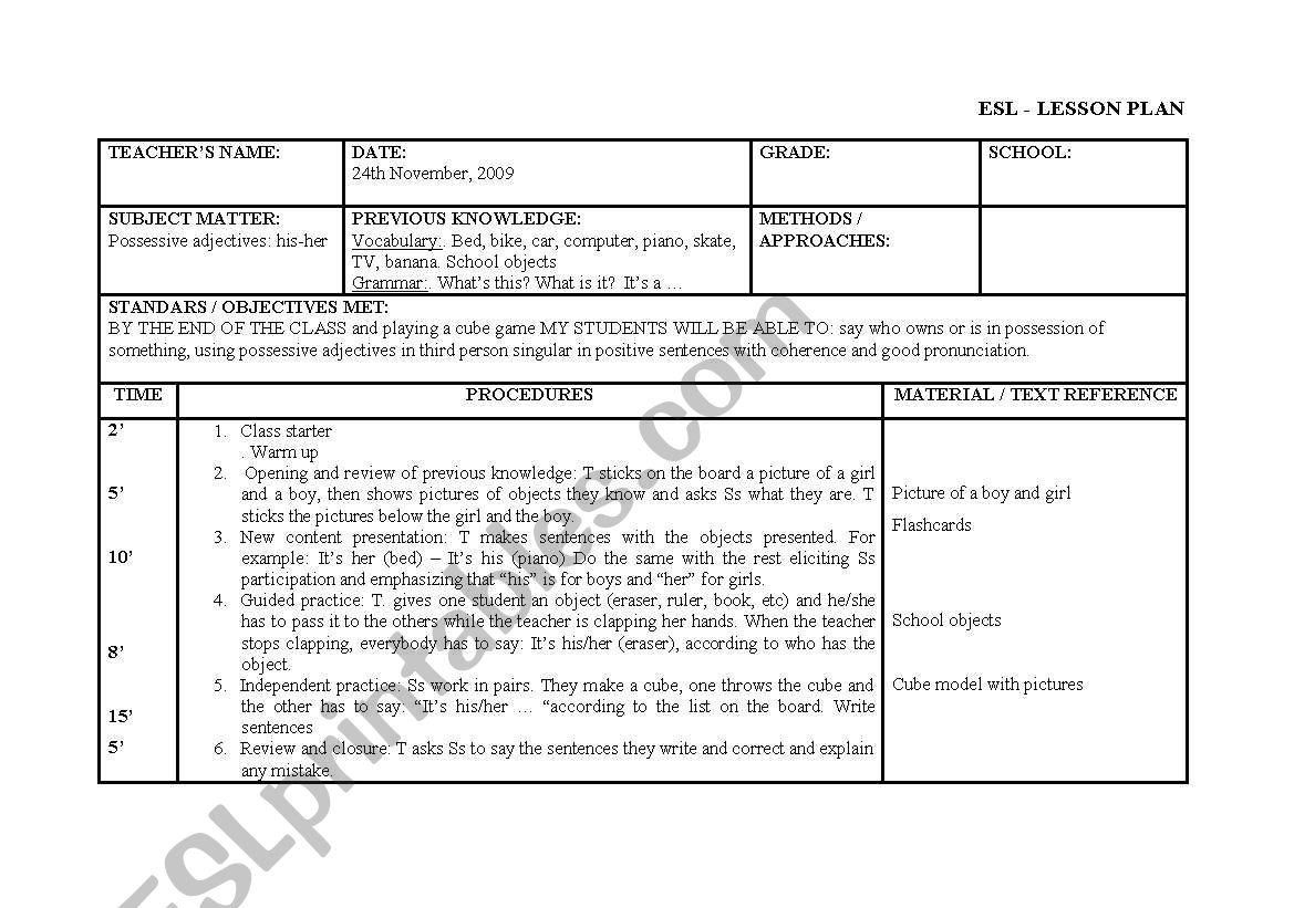 lesson plan- possessive adjectives