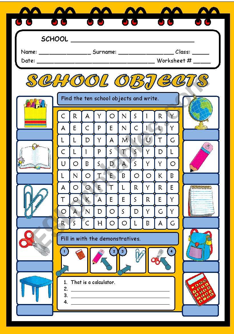 CLASSROOM OBJECTS WORDSEARCH worksheet