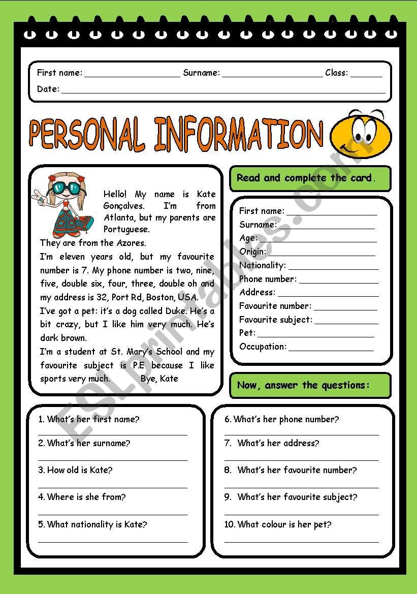 PERSONAL INFORMATION worksheet
