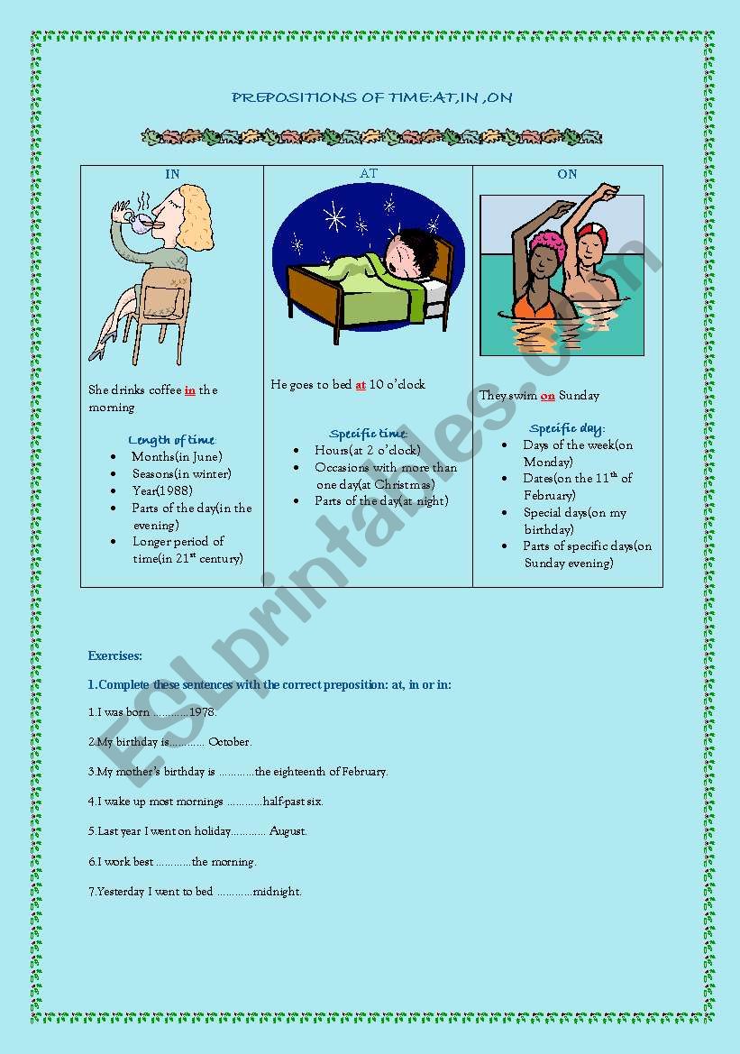 Prepositions of time worksheet