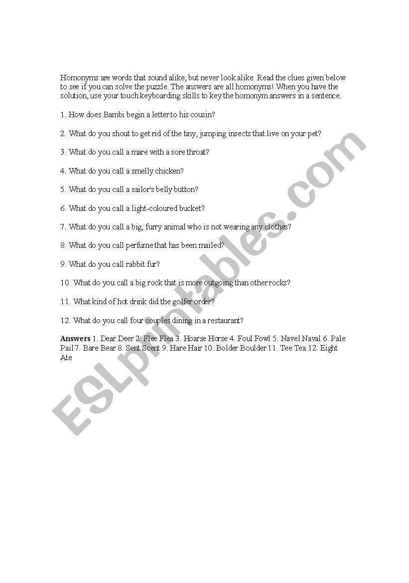 Homonyms worksheet