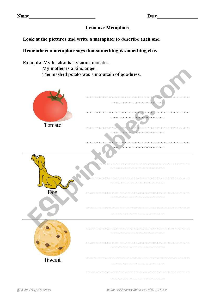 Writing Metaphors worksheet