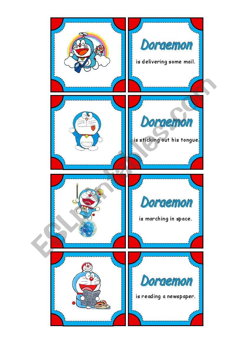 Present Continuous and Simple Past Matching Cards with Doraemon the Cat