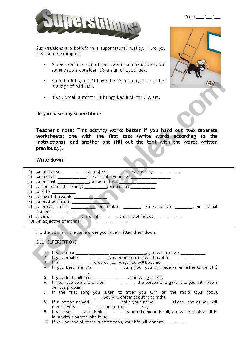 SILLY SUPERSTITIONS worksheet