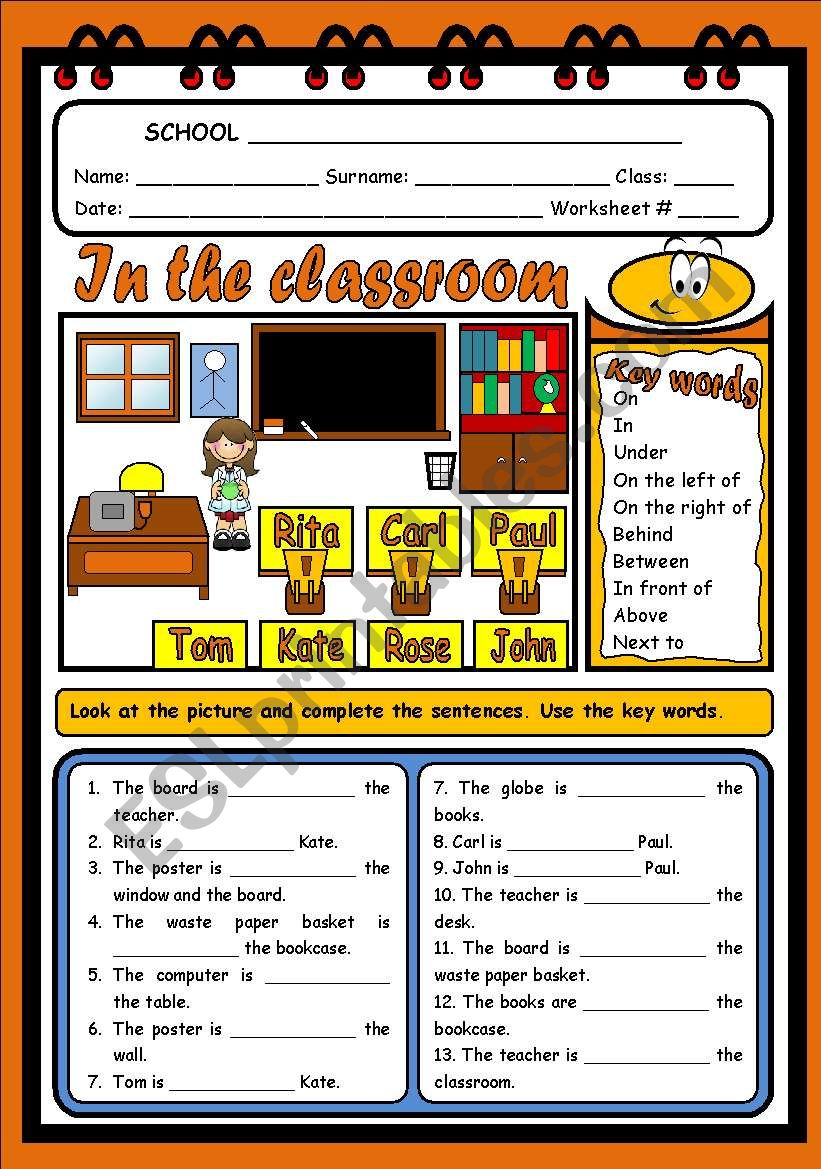 IN THE CLASSROOM - PLACE PREPOSITIONS - ESL worksheet by evelinamaria