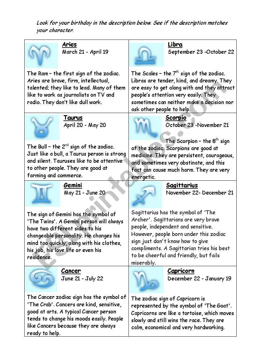 Zodiac Signs worksheet