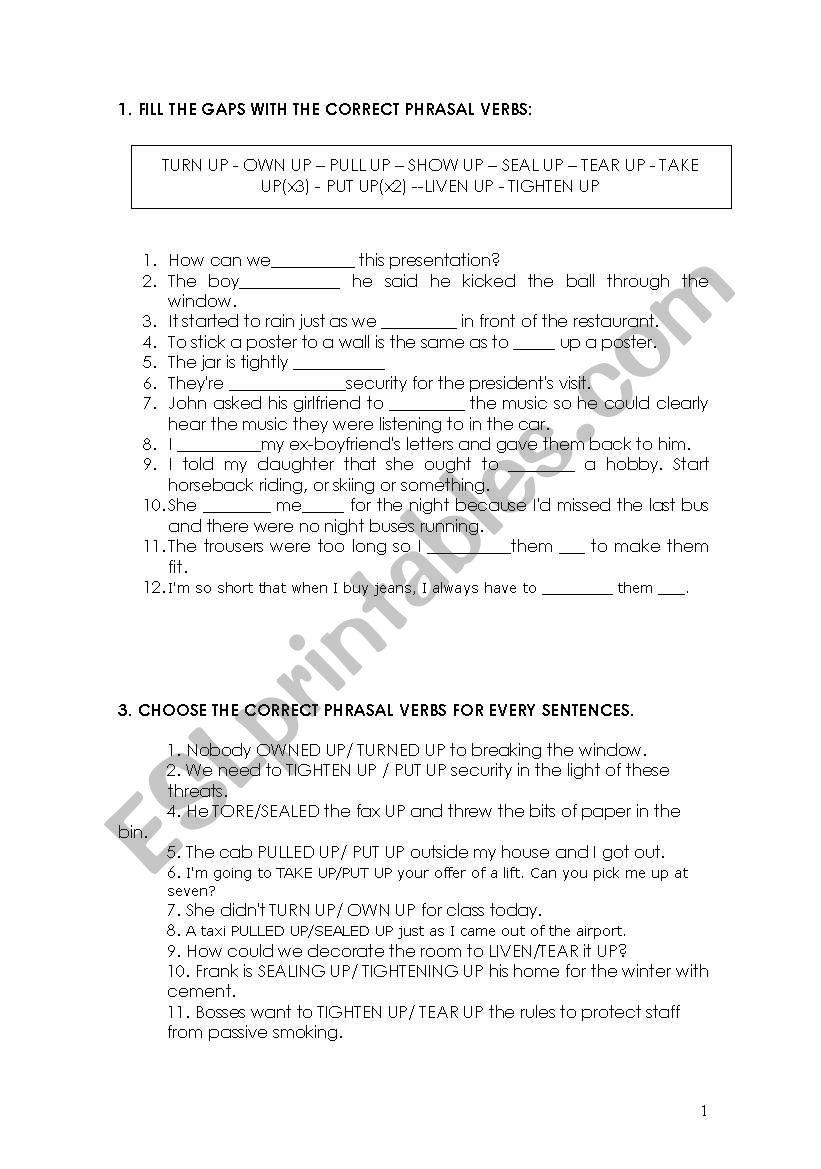 PHRASAL VERB exercices worksheet