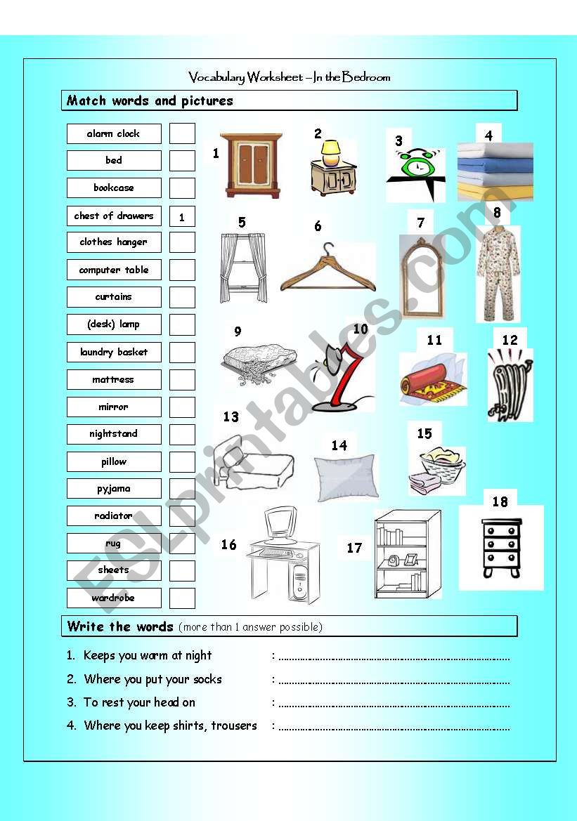 Vocabulary Matching Worksheet - IN THE BEDROOM