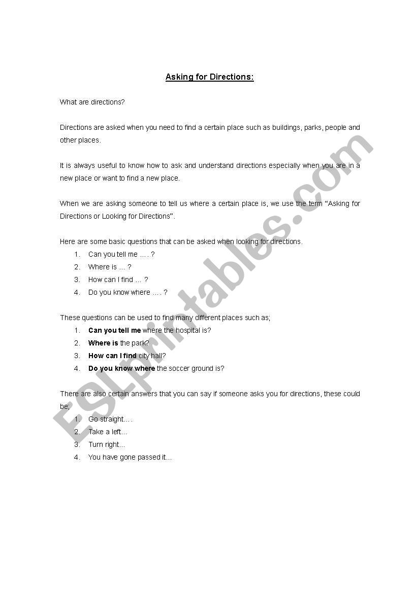 Directions worksheet