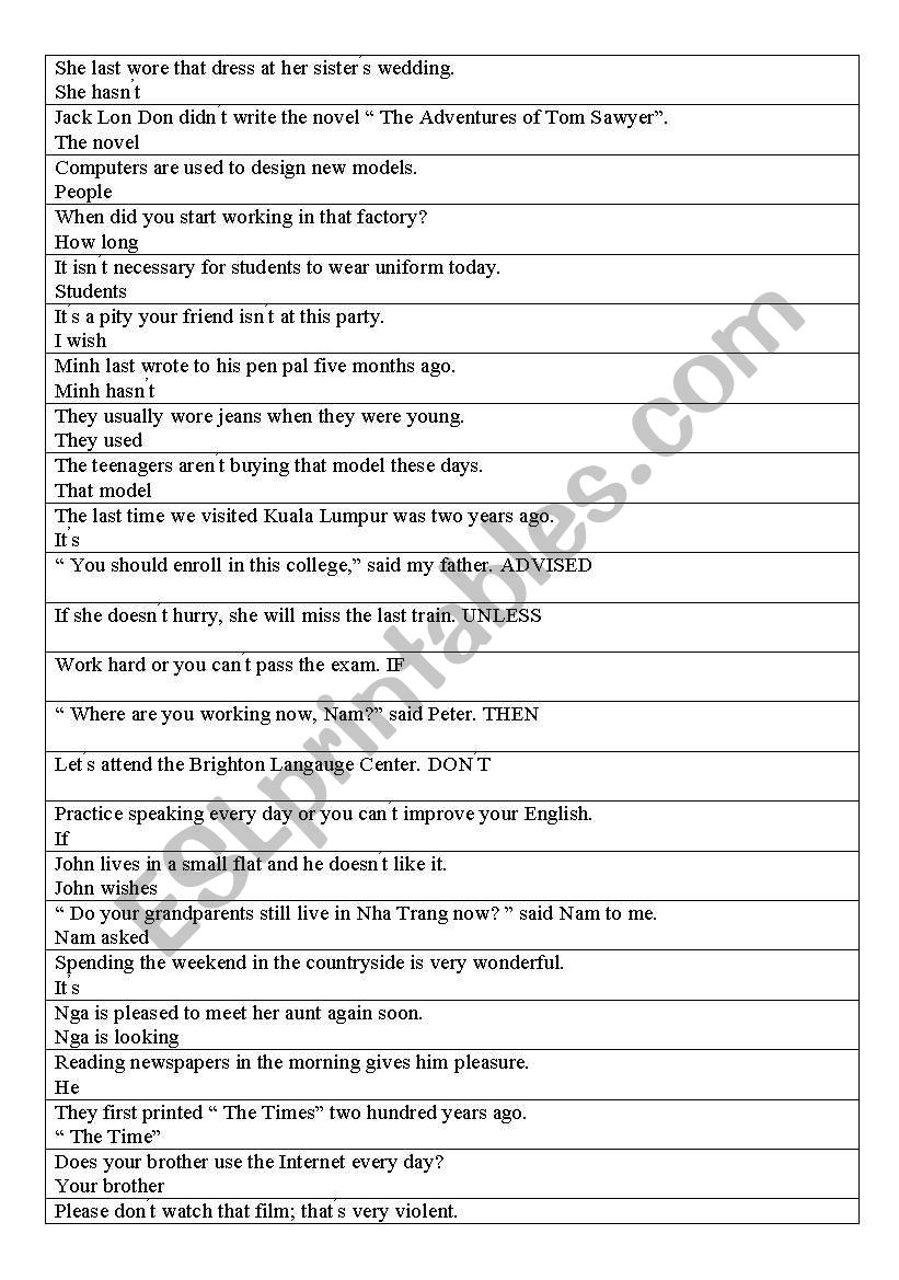 sentence transformation worksheet