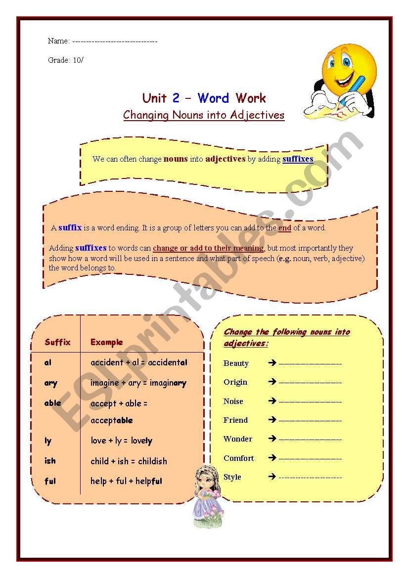 Changing Adjectives To Nouns Worksheets