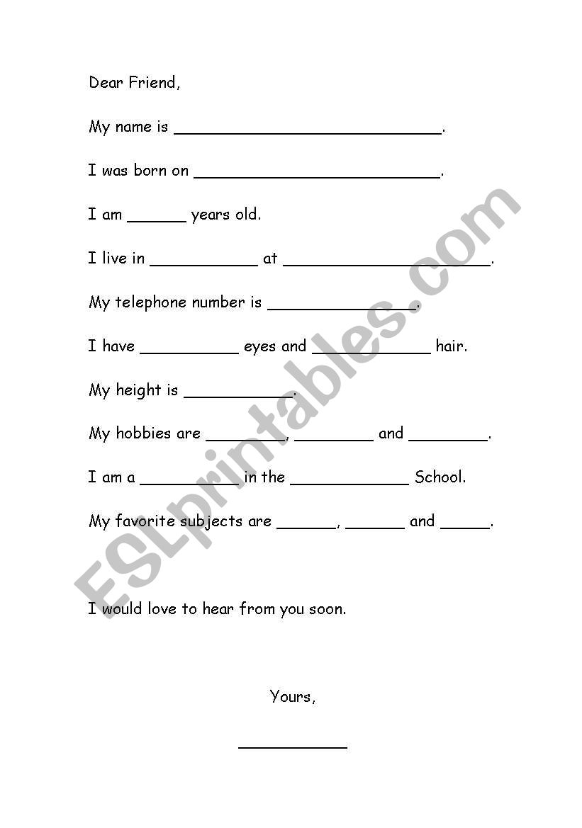 About Myself worksheet