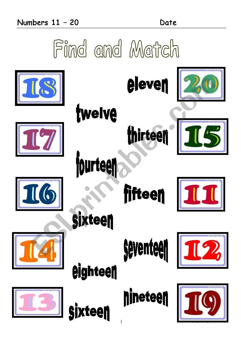 Numbers - Find and Match worksheet