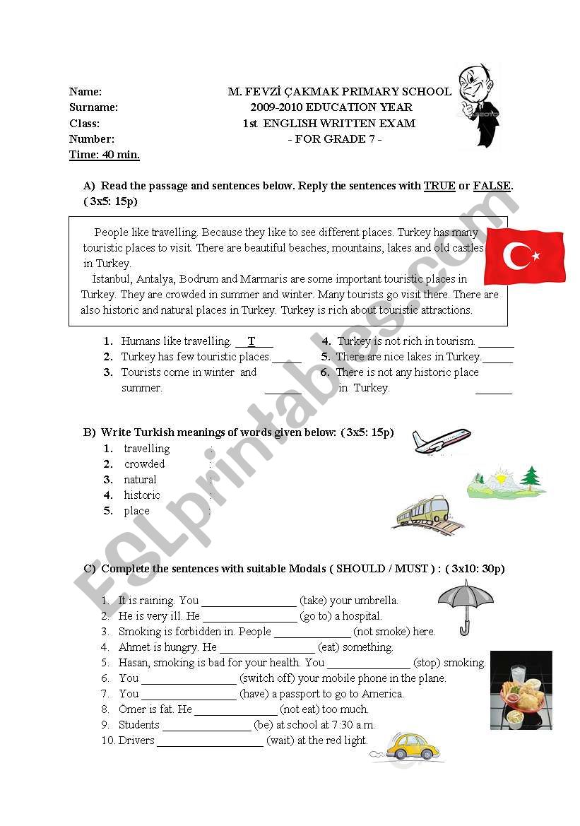 exam sample for 6-7th graders worksheet