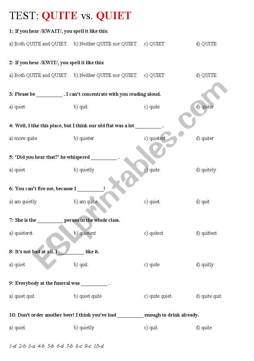 QUITE vs. QUIET (test) worksheet