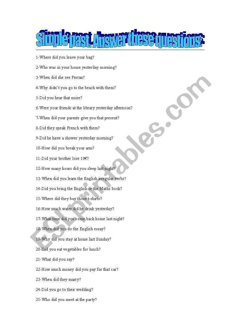 Simple past questions worksheet