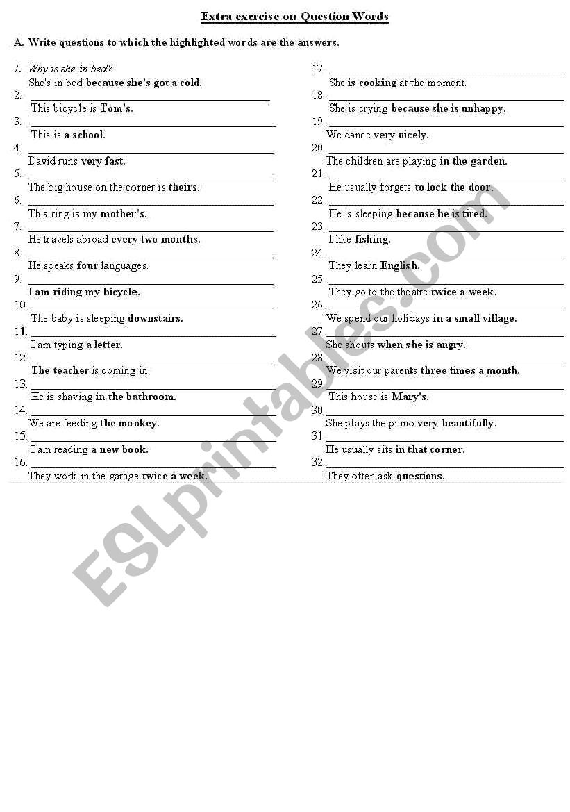 Question Words A/B Class worksheet