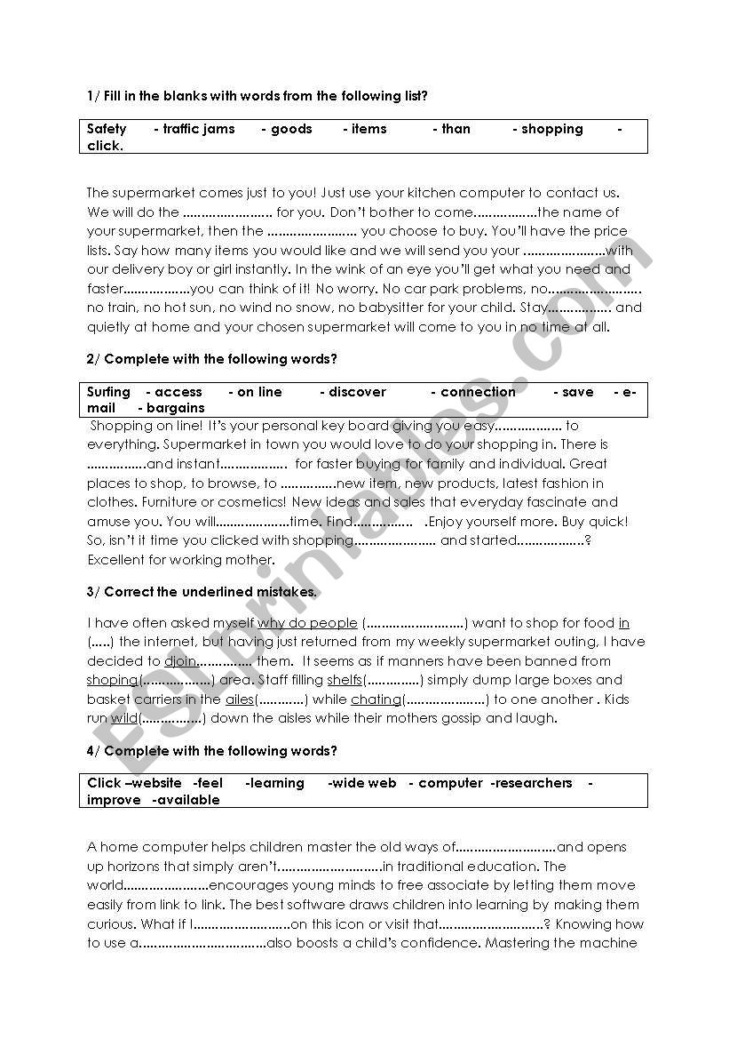 internet/shopping on line worksheet