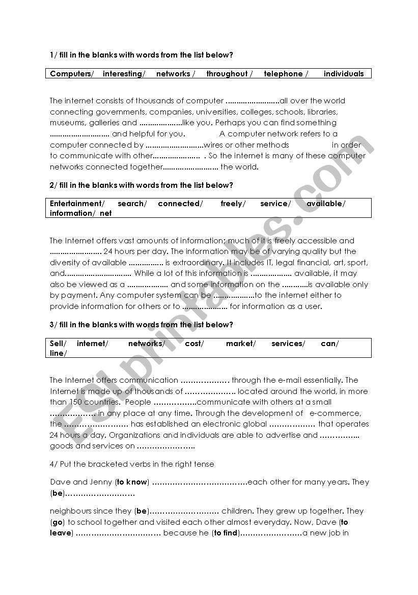 internet worksheet