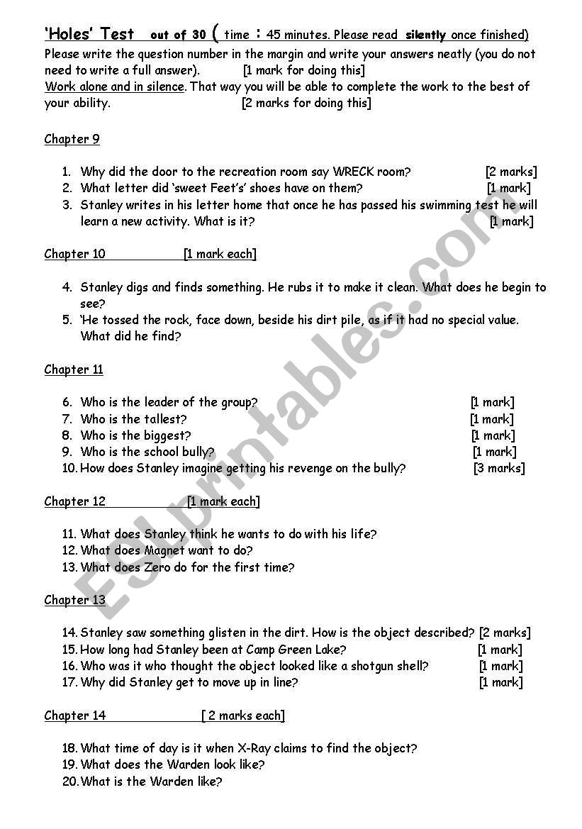 Holes Test Chapters 9-14 worksheet