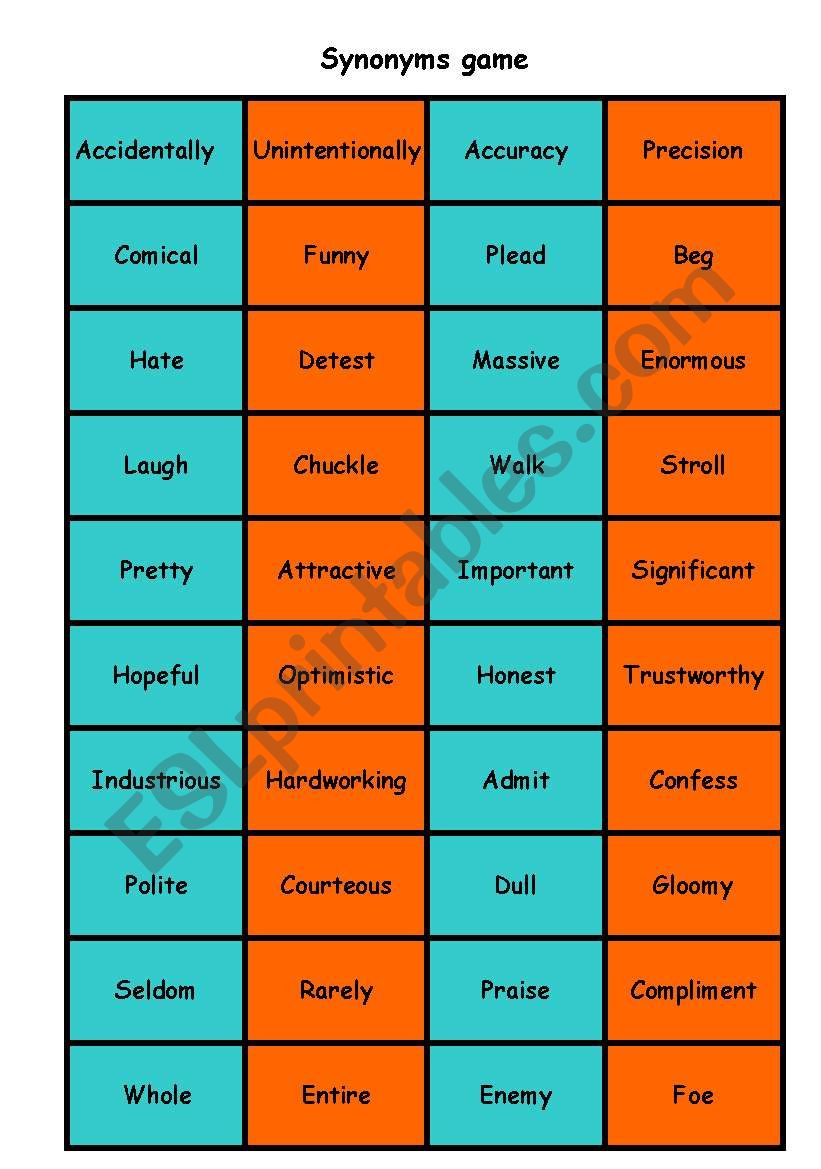 Synonyms matching game worksheet