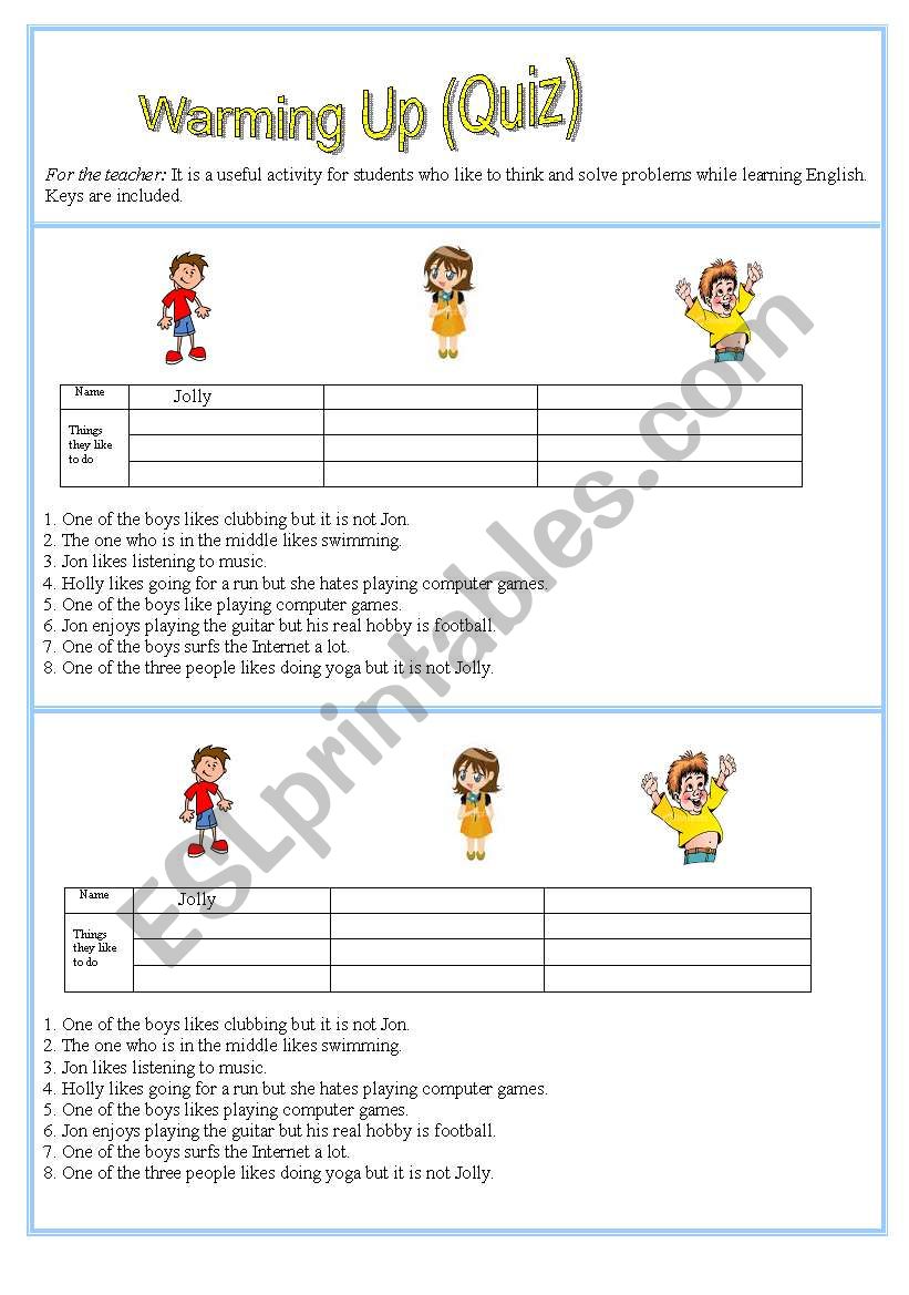 Hobbies. Warm Up. Quiz worksheet