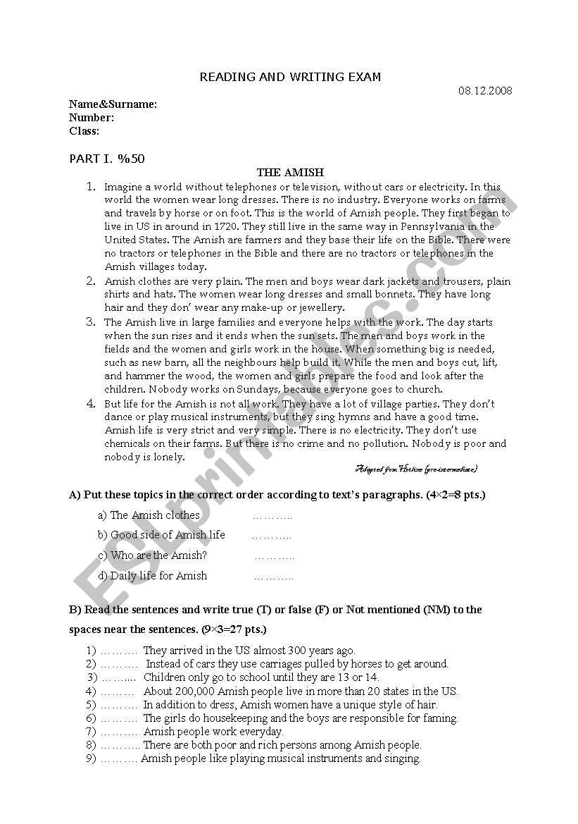 reading-writing exam worksheet