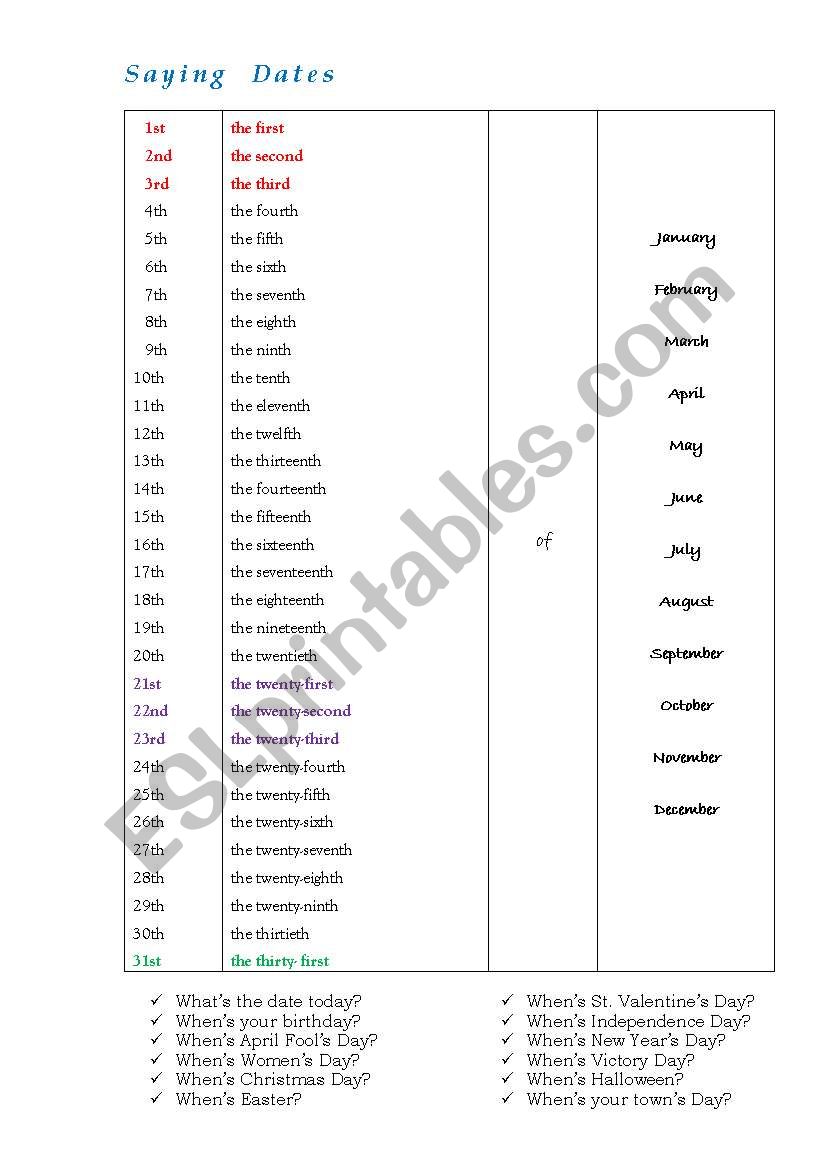 Saying Dates worksheet