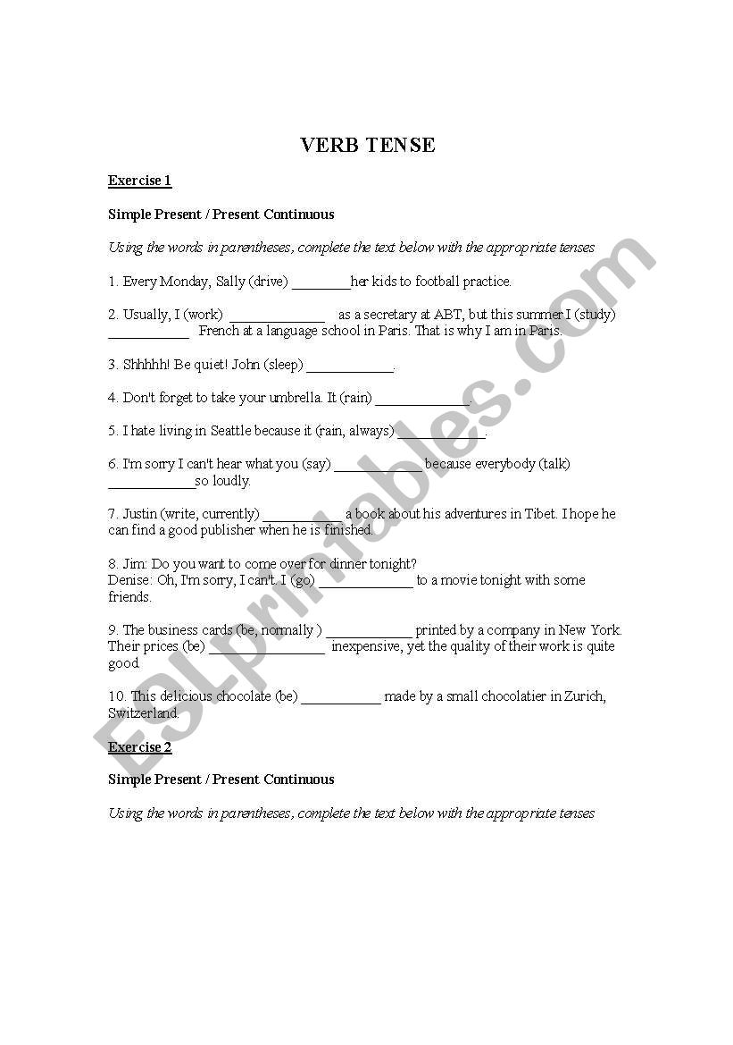 verb tenses worksheet