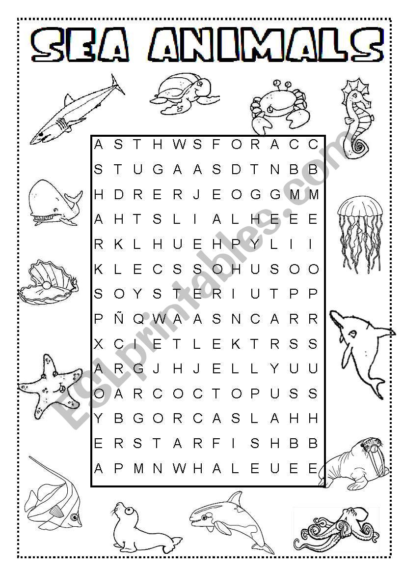 sea animals wordsearch worksheet