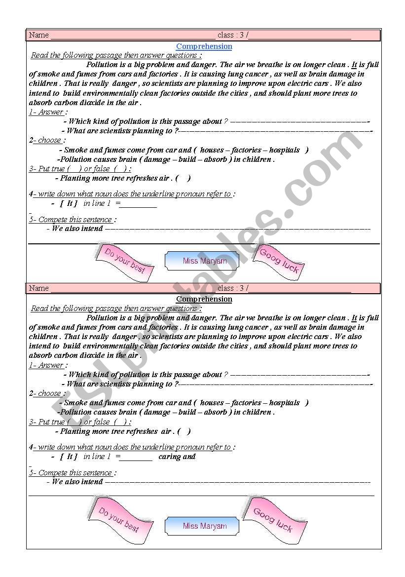 comprehension worksheet