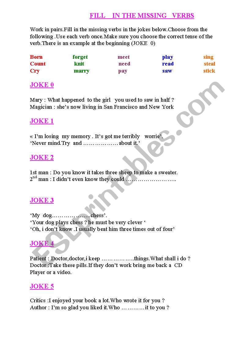 English Worksheets Fill In The Missing Verbs