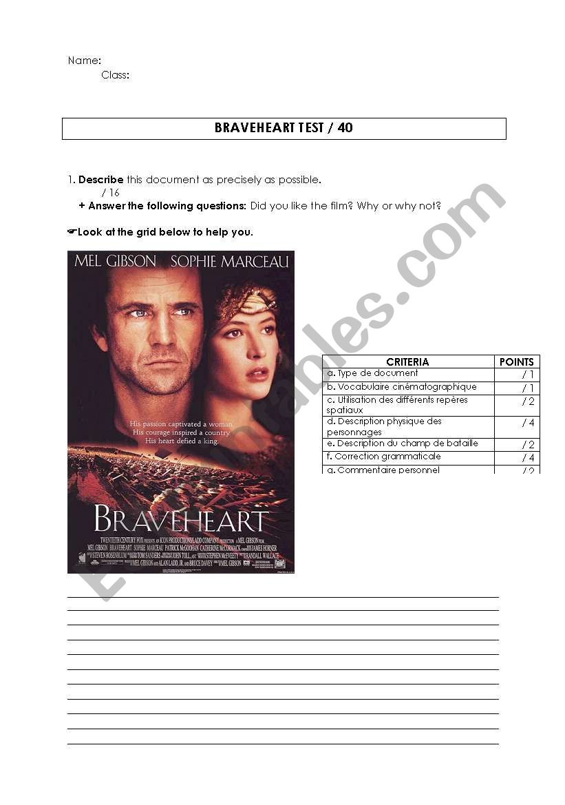 Braveheart Test worksheet