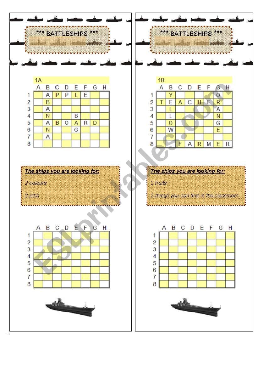 English begginers battleship worksheet