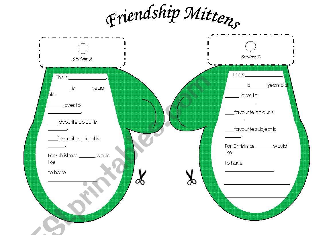 Christmas Friendship Mittens (Student Interview Activity for Pairs)