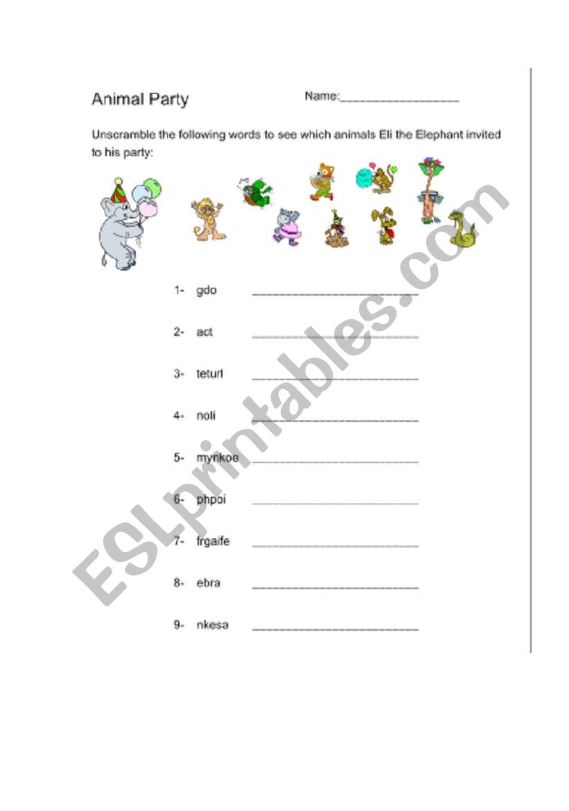 animal party worksheet