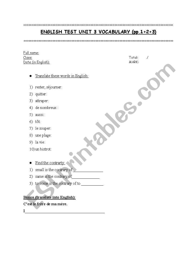 SIMPLE VOCABULARY TEST FOR BEGINNERS 
