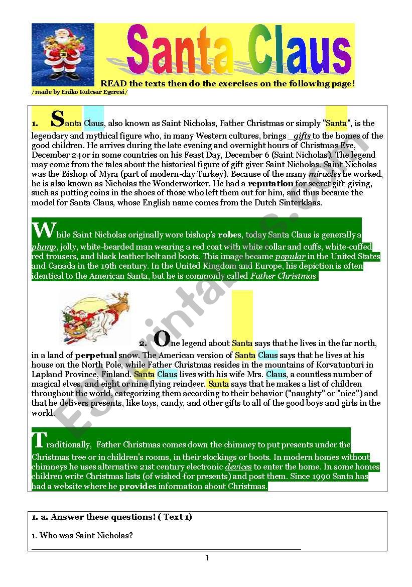 History of SantaClaus -Elementary worksheet- 2 sheets