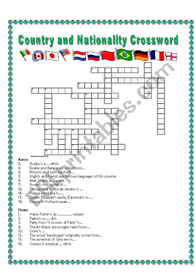 Country and Nationality Crossword