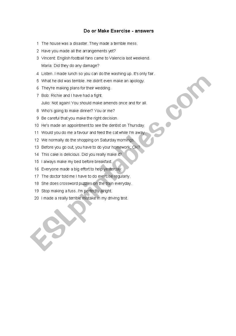 Answers exercise DO-MAKE worksheet