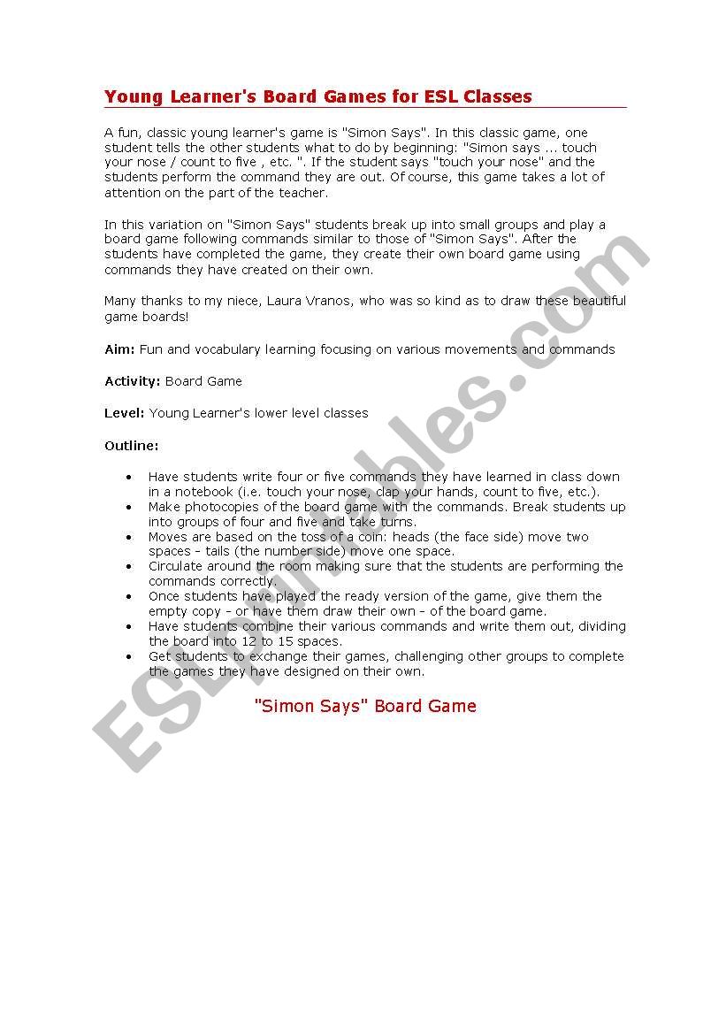 Board games worksheet