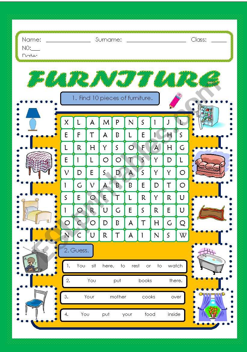Furniture wordsearch worksheet
