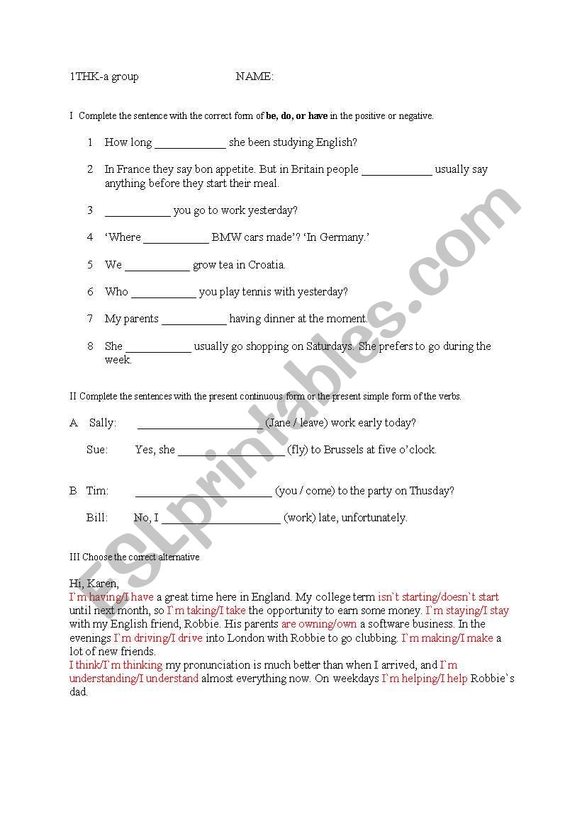 Present Simple-Present Continuous grammar test