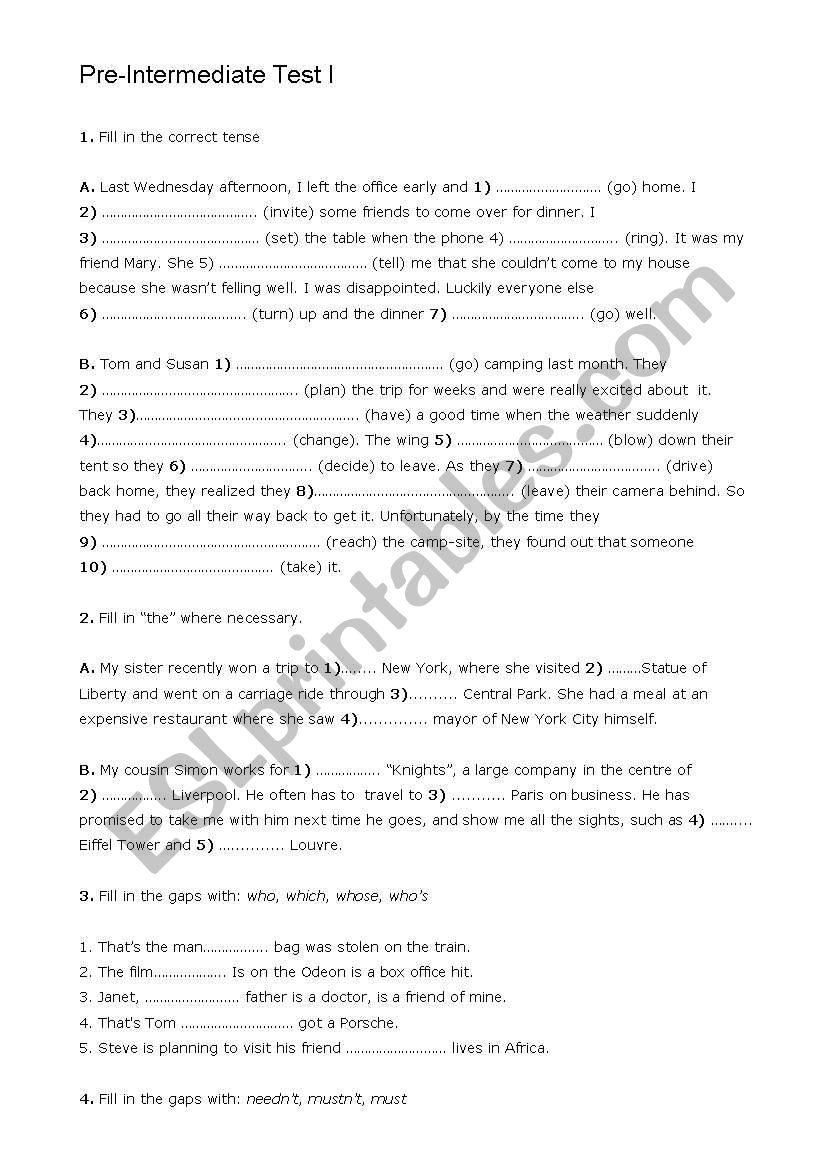 Pre- intermidiate test worksheet