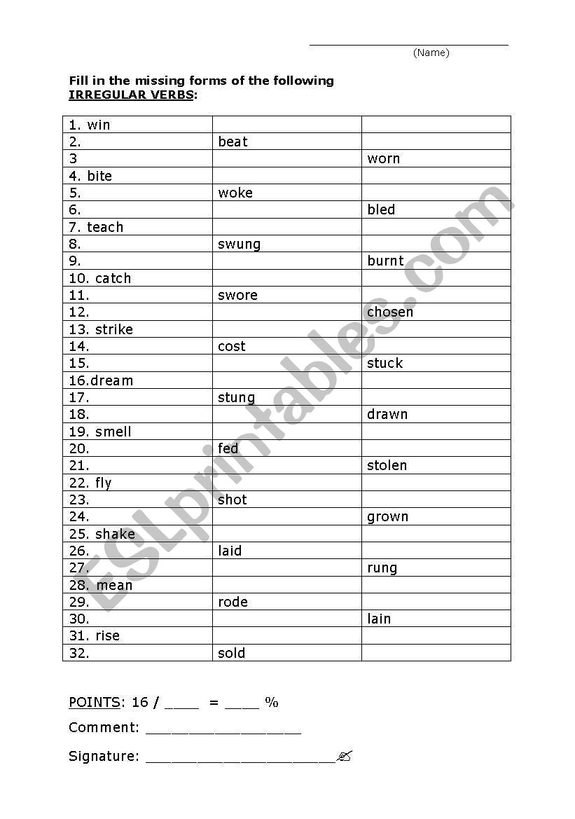 Irregular Verbs worksheet