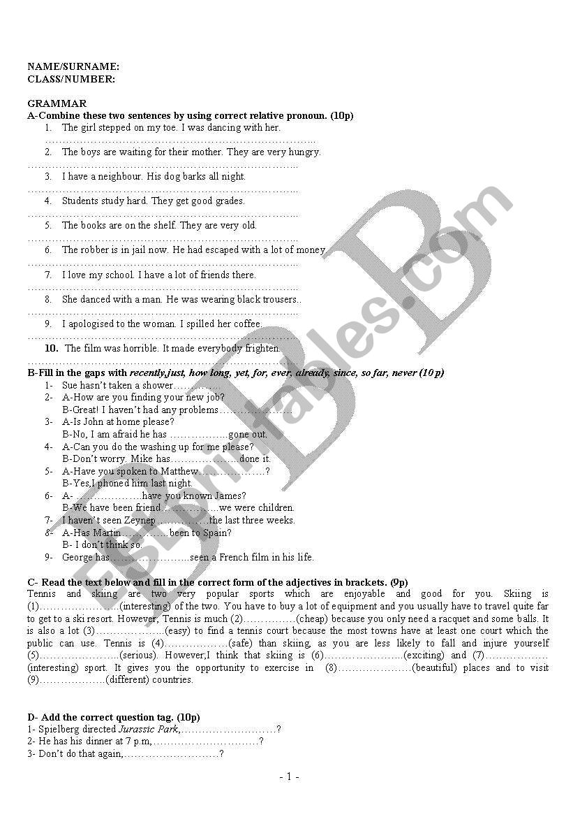 exam questions 7 (elementary) worksheet