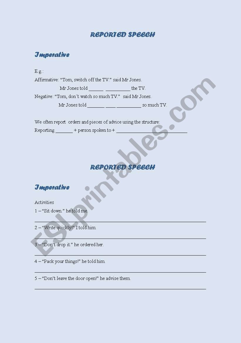 Reported Speech - imperative worksheet