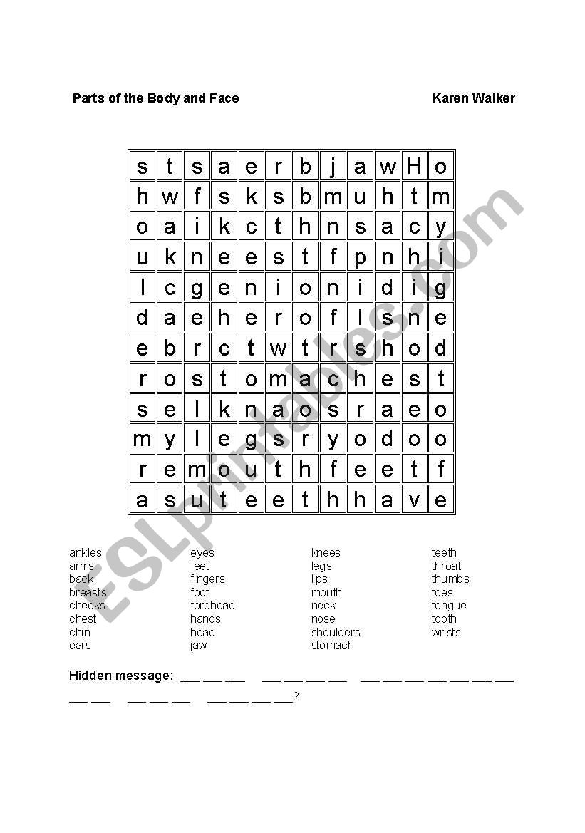 Body and Face Word Search worksheet