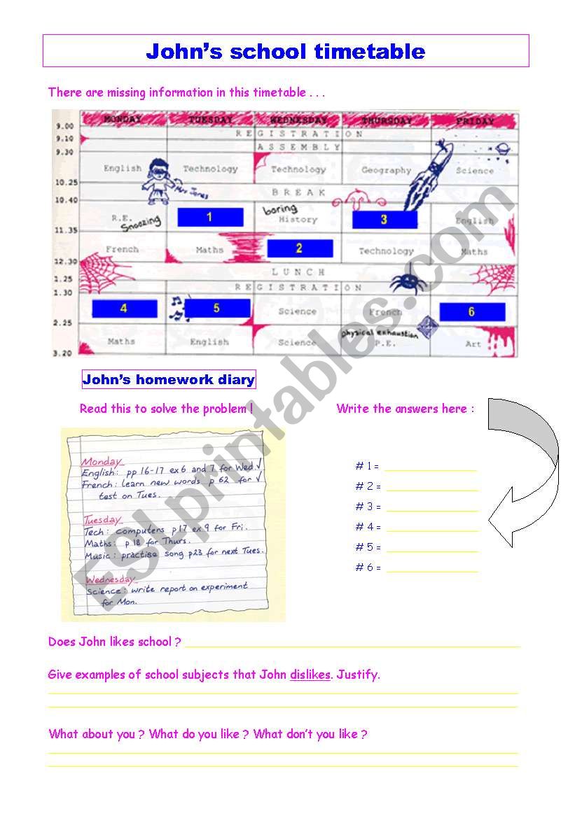 JohnÂ´s school timatable worksheet