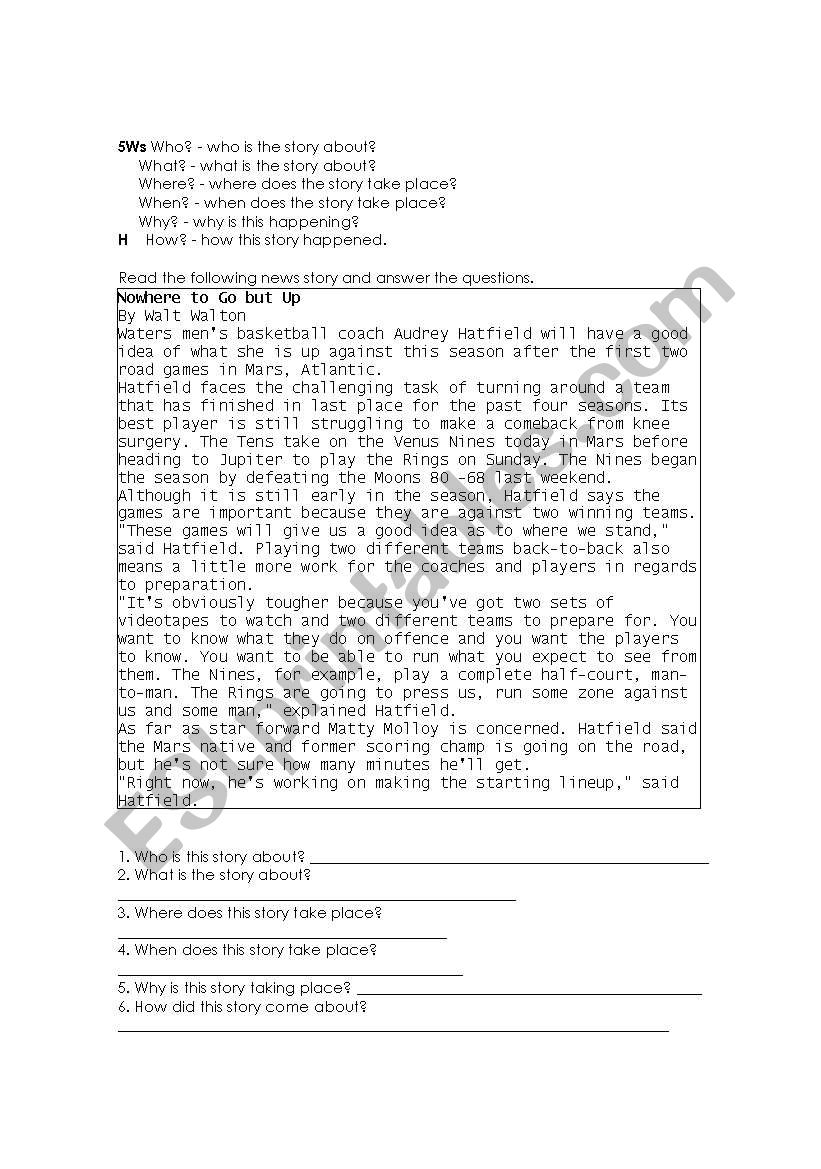 5W1H reading comprehension worksheet